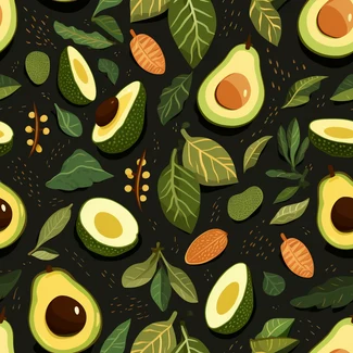 A seamless avocado pattern with leaves and seeds on a black background.