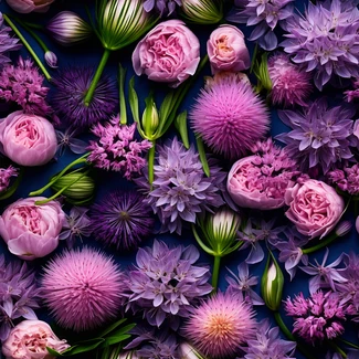 A seamless pattern of pink flowers on a blue background