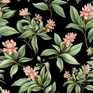 Vintage watercolor floral seamless pattern featuring pink flowers on a black background in a detailed foliage style.