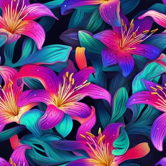 Colorful lilies on a black background in a neon style pattern