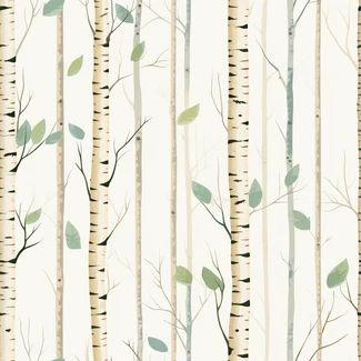 A seamless pattern featuring birch trees, leaves, and branches in shades of light green, light beige, and dark brown with pops of light blue. The risograph printing technique adds a soft watercolor effect. The pattern creates a textured surface treatment, with varying wood grains and tonal colors that mimic the look of realistic landscapes.