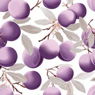 A seamless pattern featuring plums and leaves on a white background