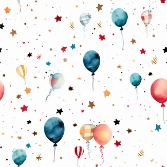 New Year's Eve Balloon Fantasy - A whimsical watercolor pattern featuring balloons and stars on a white background.