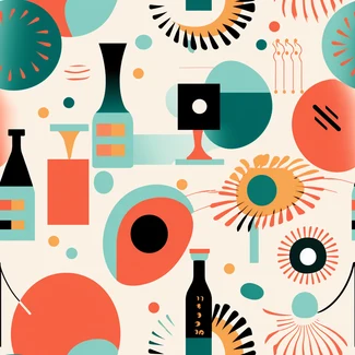 Colorful pattern of bottles, vases, ornaments, and other festive objects inspired by mid-century graphic design.