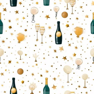 A seamless pattern featuring champagne bottles and sparkling stars in white and amber colors, with an aerial view that gives a bird's eye perspective.
