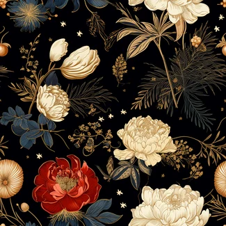 A black background with a detailed floral pattern featuring white, red, sky-blue, and beige flowers and leaves