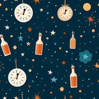 A festive New Year's Eve pattern with bottles, stars, and clocks in shades of dark orange and sky-blue.