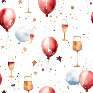 Watercolor New Year's Eve pattern with wine glasses, balloons, champagne, grapes, and fireworks.