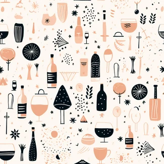 A playful pattern with wine bottles, drink items, and snacks arranged in a whimsical manner on a light pink and black background.