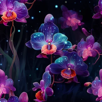Colorful orchids blooming under starry night sky on a dark background