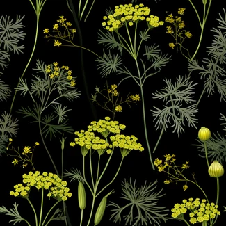 A beautiful seamless pattern featuring yellow flowers on a black background in the style of organic realism.