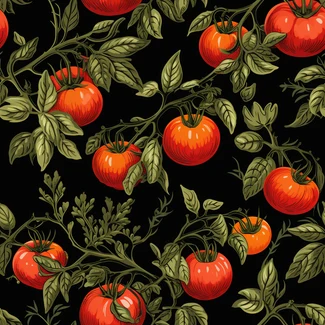 A seamless botanical illustration pattern featuring tomatoes on the vine against a black background.
