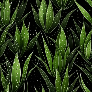 A seamless pattern featuring aloe vera botanical illustrations on a black background with drops of rain.