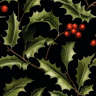 Botanical illustration of holly leaves and red berries on black background