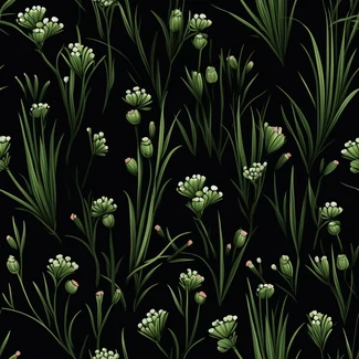 Chives botanical illustration seamless pattern with green grass and flowers on black background