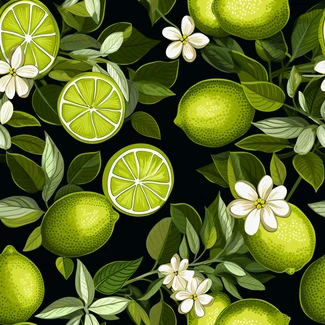 A seamless pattern featuring lime, trees and flowers on a black background