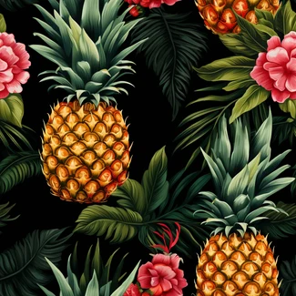 Tropical pineapple and flower botanical illustration on a black background