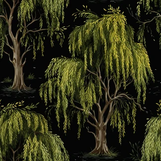 A beautiful seamless pattern of weeping willow trees on a black background.