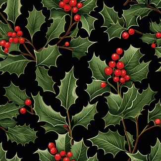 Holly Leaf on Black seamless pattern with detailed illustrations of holly berry branches and red berries on a black background