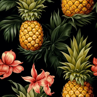 A tropical pineapple pattern with flowers and intricate details on a black background.