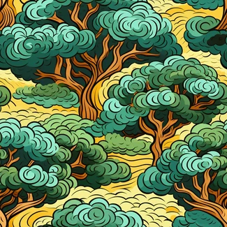 A colorful and vibrant pattern featuring a dense forest of oak trees.