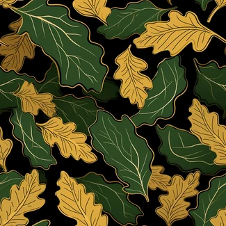 A seamless pattern featuring green oak leaves on a black background.