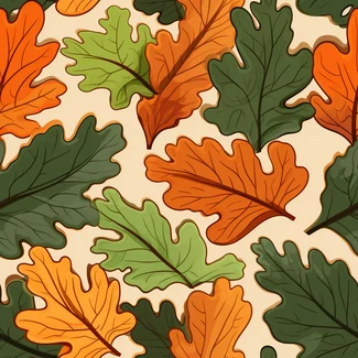 Colorful seamless pattern of oak leaves in shades of orange and green, with playful and whimsical design elements