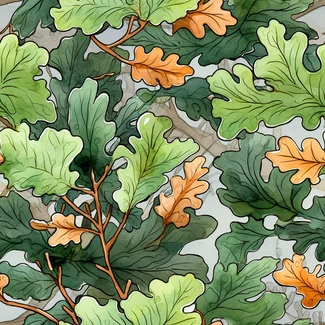 An intricate watercolor pattern featuring oak leaves and branches in shades of green and gray.