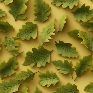 A seamless pattern of green oak leaves on a yellow and bronze background.