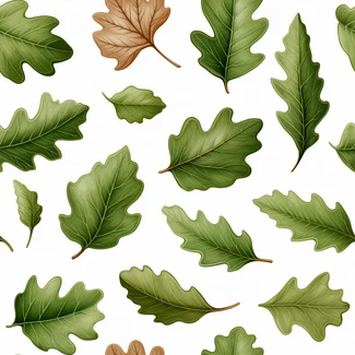 Seamless pattern of oak leaves and pine branches on a white background