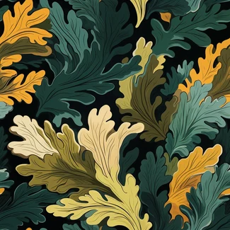Oak Leaves Seamless Pattern with dark yellow and dark emerald oak leaves set against a black background
