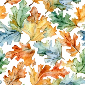 A watercolor pattern of colorful oak leaves in autumnal shades.