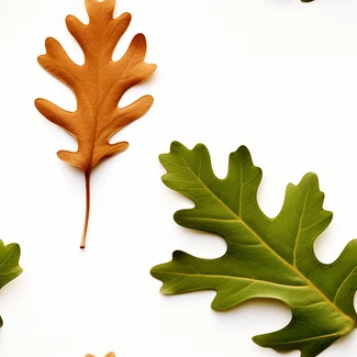 Macro photography of Oak Leaves on a white background arranged in an odd juxtaposition style with complementary colors and intricate carving.