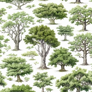 A seamless pattern of oak trees on a white background with various shades of green