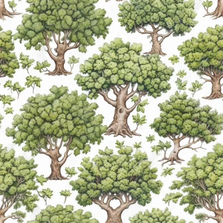 A botanical pattern featuring detailed illustrations of oak trees and leaves against a white background.