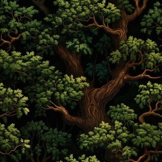 A pattern featuring a forest of Oak Trees with dark green leaves that cascade into lighter shades of green. The twisted branches and roots of the trees create a sense of depth and texture, while the intricate patterns and silk painting add a touch of elegance. The pattern is inspired by 2D game art, optical illusion paintings, and romanticized depictions of wilderness.