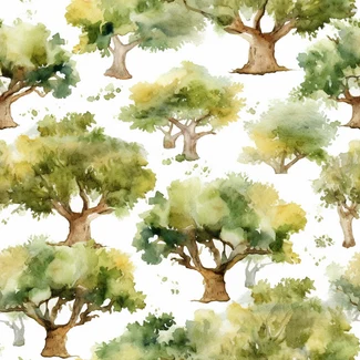 Watercolor seamless pattern featuring naturalistic Oak Trees on a white background.