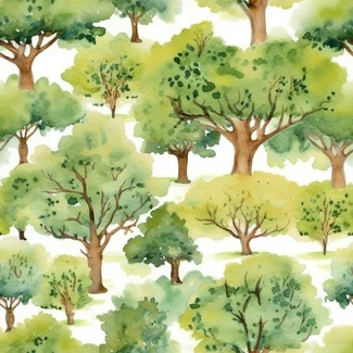 Oak Trees Watercolor Forest Seamless Pattern