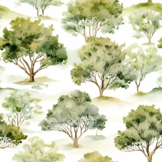 A seamless pattern of watercolor oak trees in soft, tonal colors of light green and dark beige, set against a white background.