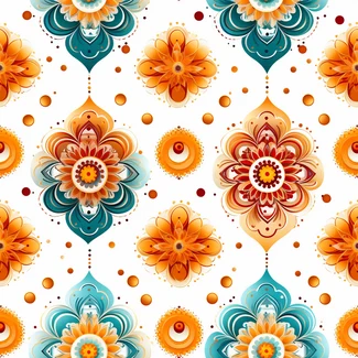 Colorful floral pattern featuring orange and blue flowers on a white background, with teal and amber accents.