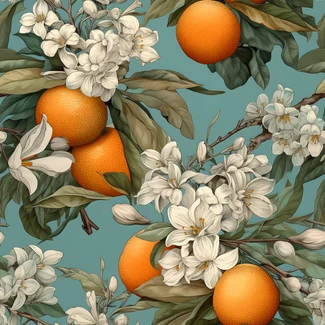 A seamless pattern of orange blossoms on branches against a blue background