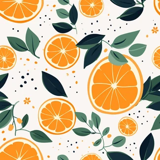 A seamless pattern of oranges, leaves and fruits on a white background.