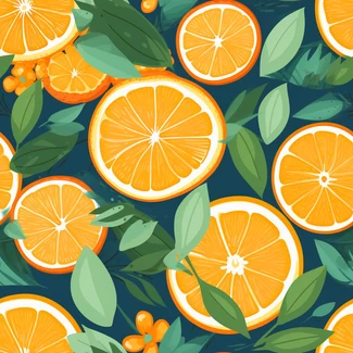 Seamless pattern featuring orange slices and leaves on a blue background.
