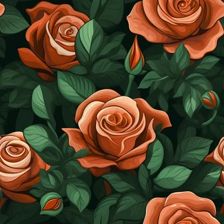 A seamless pattern of orange roses and leaves on a dark background, with a charming optical illusion effect.