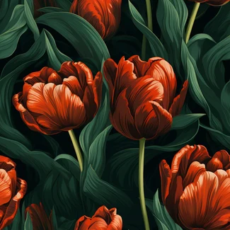 Seamless pattern of orange Tibetan tulips on a dark green background