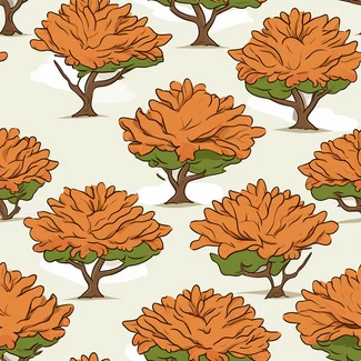 Seamless pattern of orange trees with green leaves on a light brown and white background