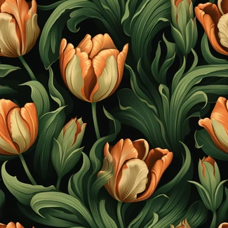 A seamless pattern featuring orange tulips on a dark background with green leaves and flowing textures.