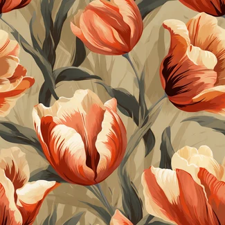 A watercolor seamless pattern of orange tulips on a beige background with a traditional color scheme and hyper-detail.