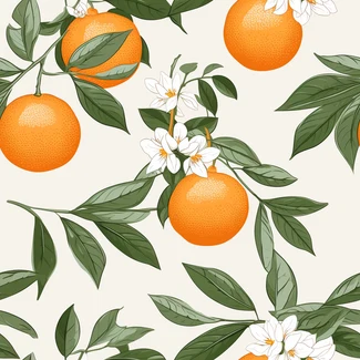 A seamless pattern of oranges and blossoms on a white background