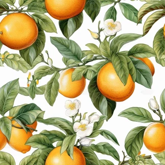 A watercolor illustration of oranges, floral elements, and branches set against a white background.